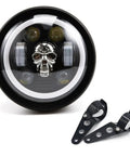5.75 Inch Round LED Motorcycle Headlight With Mounting Brackets, Front Headlamp With DRL High Low Beam For Cafe Racer, Skull Design