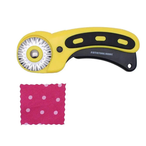 45mm Wavy Rotary Cutter With 10 Piece Pinking Circular Refill Blades For Fabric Paper Leather Crafts Quilting Patchwork Sewing Tool For DIY Makers SKS 7 Stainless Durable Cuts Through 6 Plus Layers with a pink polka dot fabric sample.