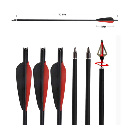 20 Inch Carbon Crossbow Bolts With Broadheads Set For Hunting And Outdoor Practice, 12 Red Arrows And 6 Broadheads, High Quality Carbon Arrows At 0.95 Ounce Each, 18 Pack For Serious Shooters displayed with measurements.