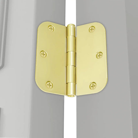 48 Pack Polished Brass Door Hinges in Bright Gold Finish 3 and a Half Inch by 3 and a Half Inch with Five Eighths Radius Corners installed on door