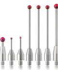 Front view: CMM touch probe stylus set with threaded shanks and red ball tips in various sizes, stainless steel.