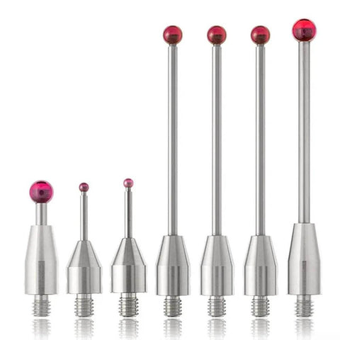 Front view: CMM touch probe stylus set with threaded shanks and red ball tips in various sizes, stainless steel.