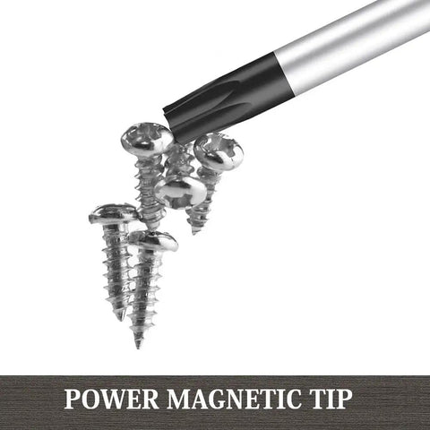 Heavy Duty 12 Inch Extra Long Torx Screwdriver Set T20 And T25 Magnetic Security Star Drivers picking up screws with magnetic tip.