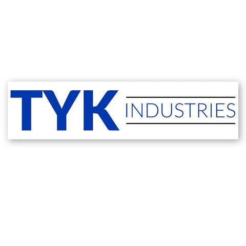 TYK Industries logo banner in blue and white