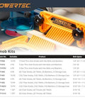 Knob kits by Powertec displayed with specifications and visible T-track knobs for woodworking and fixtures