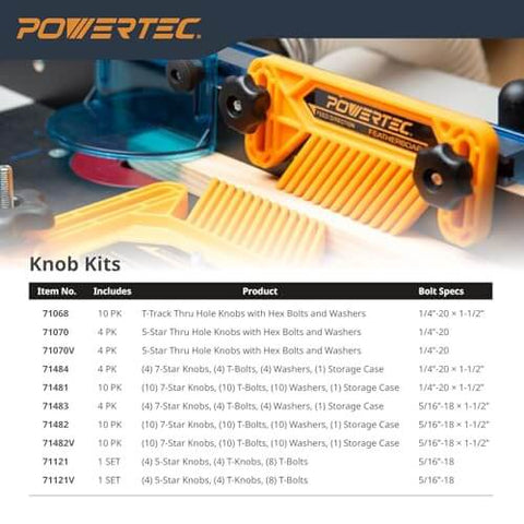 Display of POWERTEC knob kits with various T-track options and specifications for woodworking jigs and fixtures.