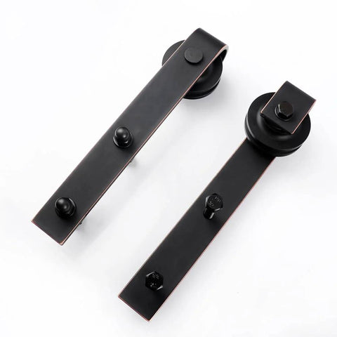 Oil Rubbed Bronze Sliding Barn Door Hardware Kit With J-Shape Rollers for Interior Doors, brushed antique bronze finish.