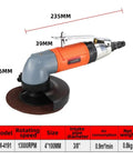 Badass 4 Inch Pneumatic Angle Grinder For Heavy Duty Polishing And Grinding Featuring Front Exhaust Cooling Adjustable Speed Switch And Rugged Metal Spark Guard Cover, showing size and design.