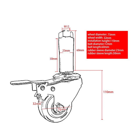 Heavy Hitters Set Of 4 Swivel Casters Featuring Silent PU Nylon Wheels M12 X 60MM Lead Screw dimensions and specifications diagram.