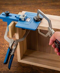 Corner Key Doweling Jig for Decorative Mitered Joints With Molded Reference Lines and Drill Guides, Pro Grade Dowel Tool Kit in use on wood.
