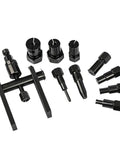 Essential Ten Piece Motorcycle Bearing Puller Extractor Set Featuring Two Jaw Extraction Tools For Wheel Hub Removal Stored In Cool Carry Case Ideal Shop Gear For Riders And Mechanics Who Need Reliable Tools To Remove Stubborn Bearings Easy, black steel parts laid out