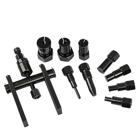 Essential Ten Piece Motorcycle Bearing Puller Extractor Set Featuring Two Jaw Extraction Tools For Wheel Hub Removal Stored In Cool Carry Case Ideal Shop Gear For Riders And Mechanics Who Need Reliable Tools To Remove Stubborn Bearings Easy, black steel parts laid out