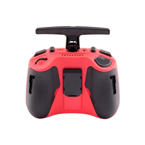 Back view of Pocket Crush 2.4GHz ELRS Hall Gimbal Transmitter Remote Control, Cherry Red, foldable antenna visible.