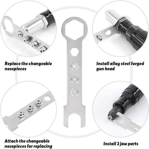 Cordless Rivet Gun Tool Kit For Drills With Four Threaded Heads 2.4mm 3.2mm 4.0mm 4.8mm, Pro Grade Riveter Drill Attachment