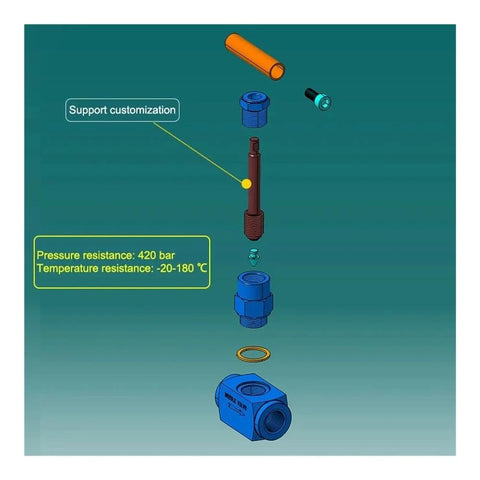 Exploded view of TCETVMVXR high-pressure stainless steel needle valve, blue through-plate type, 1/4" female thread.