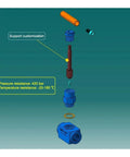 Needle valve exploded view; blue through-plate instrument valve in 304/316L stainless steel with 1/2-inch female thread