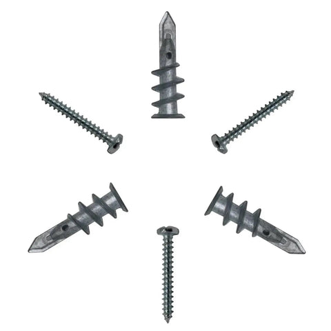 100 Pcs Zinc Alloy Drywall Anchors Kit With Self-Drilling Screws For Quick Wall Mounts On Plasterboard, Rust-Resistant Yellow Zinc Finish, No Pre-Drill Needed, Heavy-Duty Fasteners For Shelves And TVs. Zinc drywall anchors and screws set, gray metal, top view