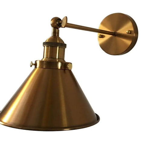 Two Pack Brass Finish Retro Industrial Wall Sconces With Cone Shade Adjustable 1 Light Wall Lamp 7.2 Inch Ideal For Bedroom Living Room Kitchen Dining Cafe Or Bar, close-up view of brass finish and cone shade design
