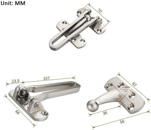 Heavy Duty Zinc Alloy Door Security Chain Latch Kickass Anti Theft Deadbolt For Home Entry showing dimensions and design features.