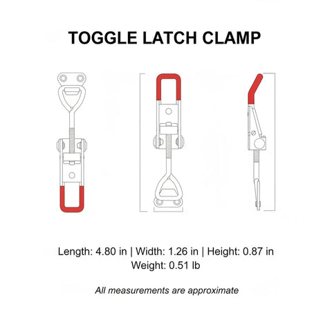 Diagram of Toggle Clamp Latch Over Center Locking Mechanism for Securing Equipment Cases and Machinery Panels, dimensions included.
