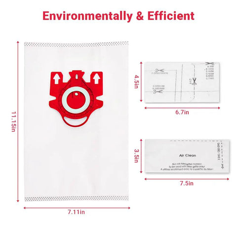 Miele Type FJM AirClean 3D Efficiency Canister Vacuum Bags with dimensions, featuring red sealing collar, 15 pack.