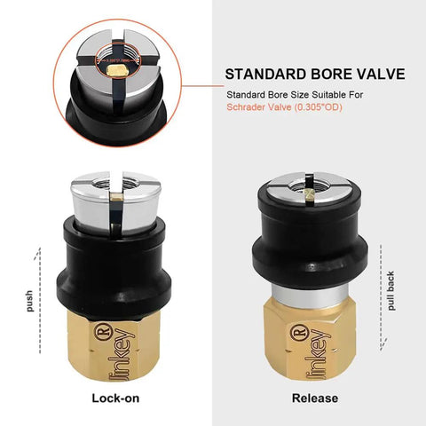 Upgraded Open Flow Locking Air Chuck, Heavy Duty Brass One Quarter Inch FNPT Quick Connect, lock-on and release view