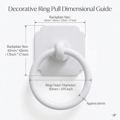 Dimensional guide of Large White Ring Bi-Fold Closet Door Pulls with Protective Base, showing measurements and design details.
