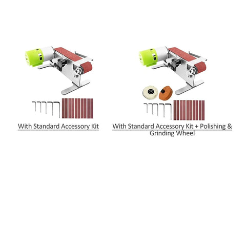 Compact Mini Electric Belt Sander Machine For Wood And Metal Sanding Polishing Sharpening With 7 Speed Settings Includes Three Sanding Belts and accessories.