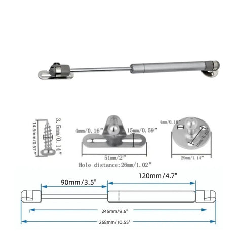 50N 11 Lb Gas Struts 10 Inch Lift Supports for cabinets, toy boxes, tool boxes, cars; silver soft open hinges with dimensions.