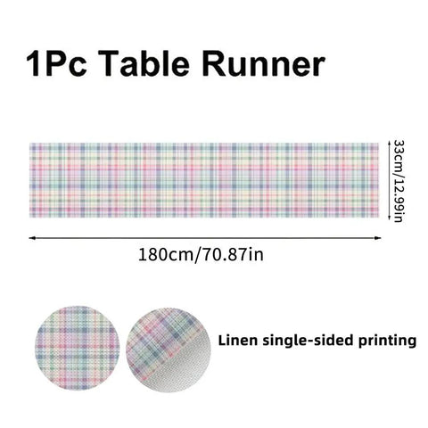 Diagram showing dimensions of Pastel Colorful Plaid Linen Table Runner 72 Inch Long For Kitchen Island And Dining Room Decor Indoor Outdoor Party