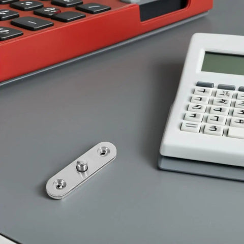 Six Piece Stainless Steel Concealed Pivot Door Hinges with 360 Degree Rotatable and Flexible Folding Design lying on a desk
