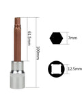 Nine Piece Chrome Alloy Steel Hex Socket Set With Square Drive Featuring Mirror Polish Sockets And Zinc Phosphate Bits for 7mm hex size.