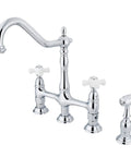 Heritage Bridge Kitchen Faucet With Two Handles And Metal Side Sprayer, 8 Inch Center Spacing, 4 Hole Mount, Dope Polished Chrome