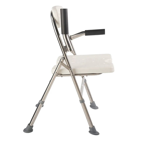 Side view of Easy Fold Shower Chair For Seniors And Disabled, Adjustable Height Bath Seat with Grab Handle, Portable Stainless Steel Bath Bench, Rustproof and Waterproof.