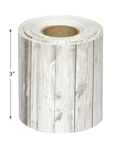 White Wood Rolled Border Trim 50ft For Bulletin Boards And Classrooms, vertical roll close-up, showing 3 inch width