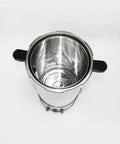 Open-top view of 24L stainless steel lab autoclave chamber with black side handles and perforated steam tray