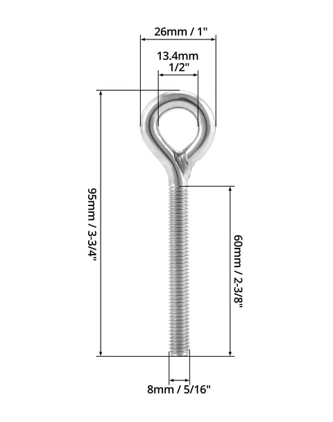 M8 Eye Bolts Set Heavy Duty Shoulder Lifting Eyebolts Stainless Steel with dimensions shown for rigging and lifting applications.