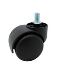 Slick Black Twin Wheel Swivel Casters With M10 Threaded Stem for chairs, 2-inch plastic wheels ensure smooth movement.