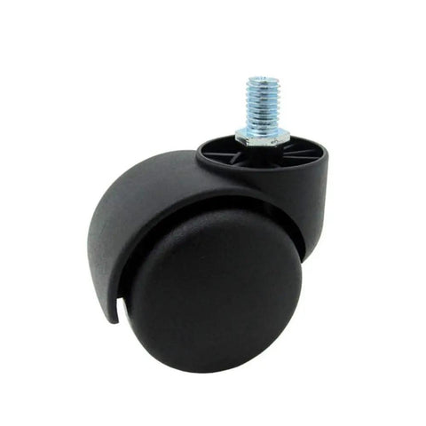 Slick Black Twin Wheel Swivel Casters With M10 Threaded Stem for chairs, 2-inch plastic wheels ensure smooth movement.