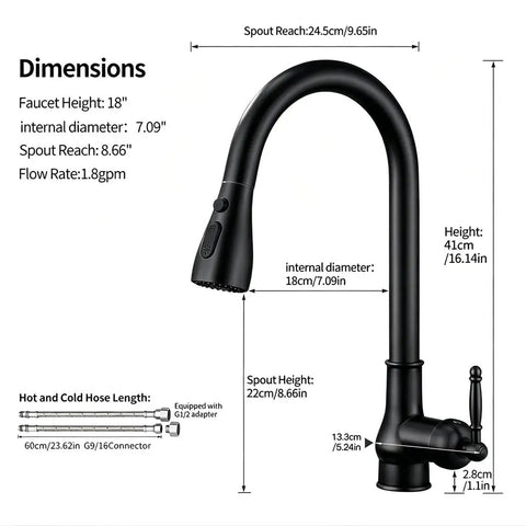 Dimensions of Kitchen Faucet with Pull Down Sprayer, Black Kitchen Sink Faucet with high arc and 1 hole design.