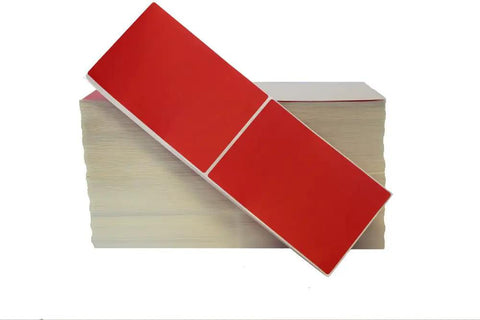 Essential 4X6 Red Fanfold Direct Thermal Shipping Labels With Heavy Duty Permanent Adhesive For Warehouse Barcodes And Package Logistics Packs Four Thousand Crisp Sheets stacked showing vibrant red label sheets.