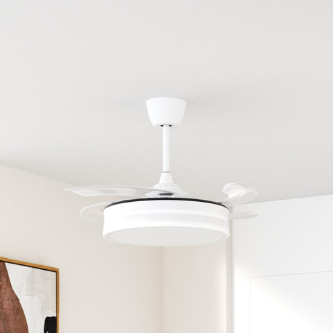 White LED Retractable 36 Inch Ceiling Fan With Lights Remote Control Industrial Style Fan in living room
