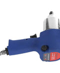 Industrial Pneumatic Impact Wrench With 5 Speed Control And Heavy Duty Performance For Garage Work Built Like A Tank With Hella Strong Steel Body For Legit Power On Demanding Mechanic Jobs Daily side view showing blue grip and metal components.
