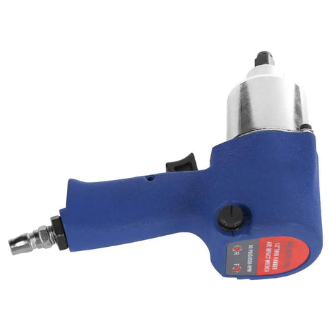 Industrial Pneumatic Impact Wrench With 5 Speed Control And Heavy Duty Performance For Garage Work Built Like A Tank With Hella Strong Steel Body For Legit Power On Demanding Mechanic Jobs Daily side view showing blue grip and metal components.