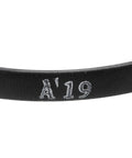 Close-up view of 3-Pack A19 Wrapped Rubber Belt A Section V Belt showing size markings on black surface for industrial power transmission.