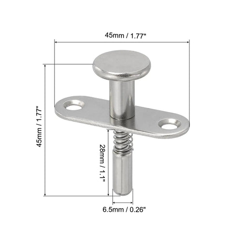 Badass Heavy Duty Spring Loaded Plunger Latches for Cabinets and Furniture Built Tough From Rust Proof Stainless Steel With Rock Solid M4 Mounting Screws Pack of Two Silver showing dimensions and components.