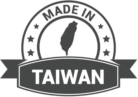 "Made in Taiwan" badge featuring the shape of Taiwan surrounded by stars, in black and white.