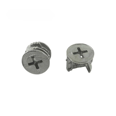 Close-up of Three In One Eccentric Wheel Connector Nut Set, 20 Piece Zinc Alloy Nickel Plated Drawer Lock Fasteners
