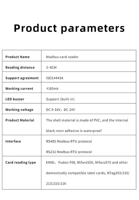 Modbus card reader product parameters, including material, working voltage, and support agreement, as visible in table format.