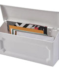 Windsor Small Capacity Rust Proof White Plastic Wall Mount Mailbox open with letters inside, durable and ample space for magazines.